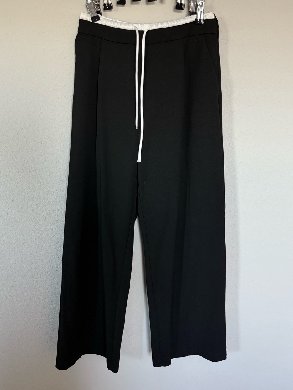 Zara Black Wide-Leg Drawstring Pants with White Waistband